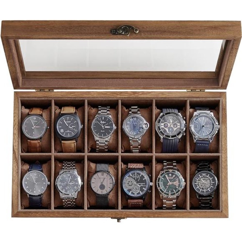 12-Slot Wood Watch Box Organizer with Large Glass Lid, Removable Pillows